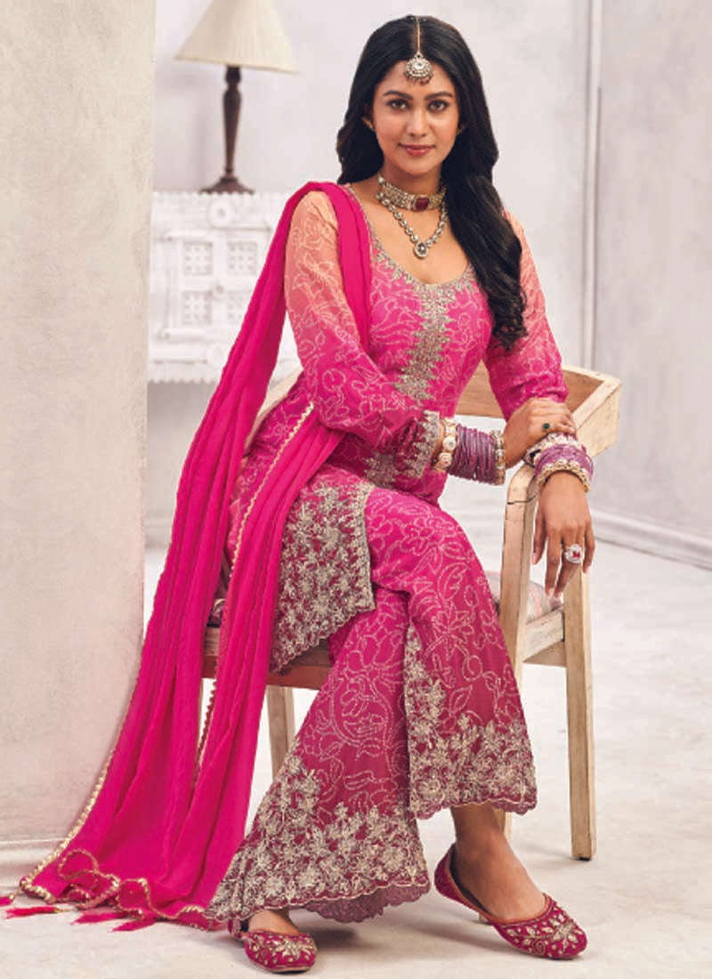 Vegaa Fashion Pink Premium Chinon Embroidered Palazzo Suit