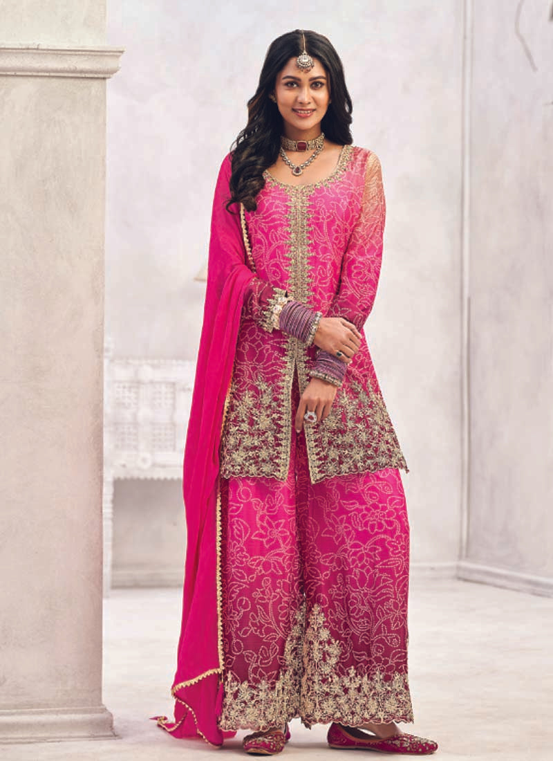 Vegaa Fashion Pink Premium Chinon Embroidered Palazzo Suit