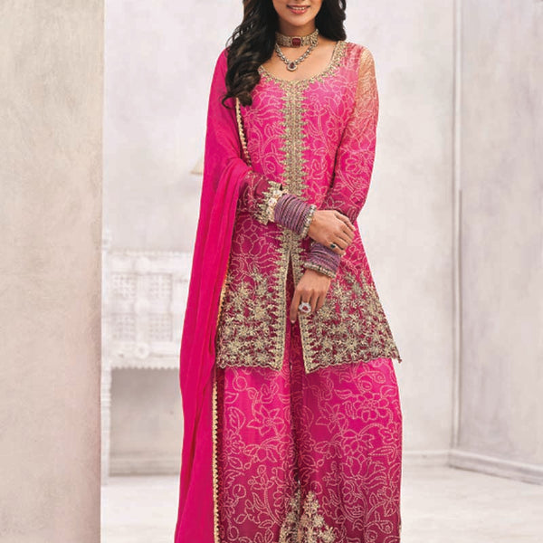 Vegaa Fashion Pink Premium Chinon Embroidered Palazzo Suit - Distacart