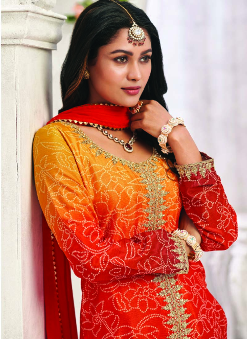 Vegaa Fashion Orange Premium Chinon Embroidered Palazzo Suit