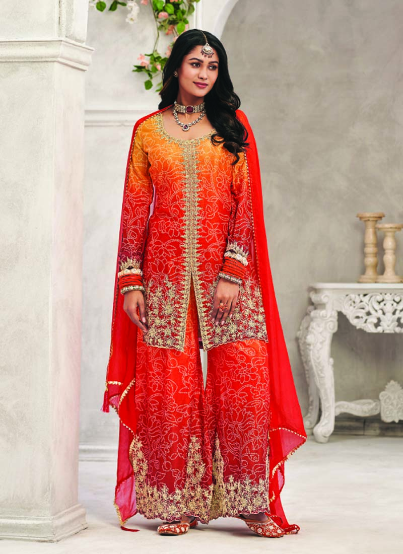 Vegaa Fashion Orange Premium Chinon Embroidered Palazzo Suit