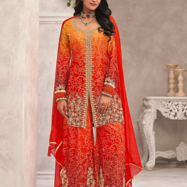 Vegaa Fashion Orange Premium Chinon Embroidered Palazzo Suit - Distacart