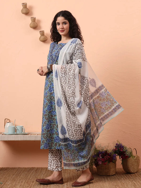 Yufta Rama Green And Blue Floral Sequins Work Straight Kurta Trouser Dupatta Set