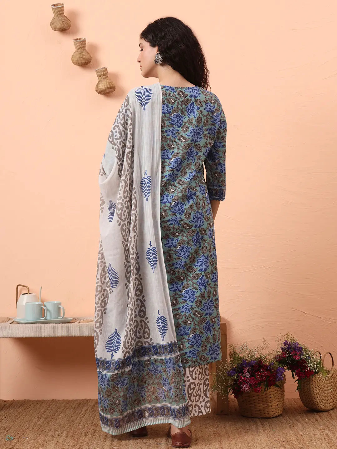 Yufta Rama Green And Blue Floral Sequins Work Straight Kurta Trouser Dupatta Set