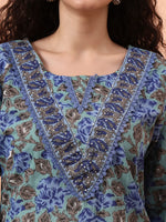 Thumbnail for Yufta Rama Green And Blue Floral Sequins Work Straight Kurta Trouser Dupatta Set