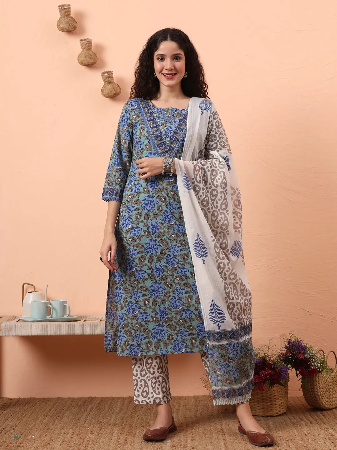 Yufta Rama Green And Blue Floral Sequins Work Straight Kurta Trouser Dupatta Set