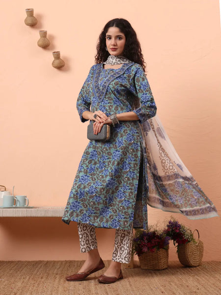 Yufta Rama Green And Blue Floral Sequins Work Straight Kurta Trouser Dupatta Set