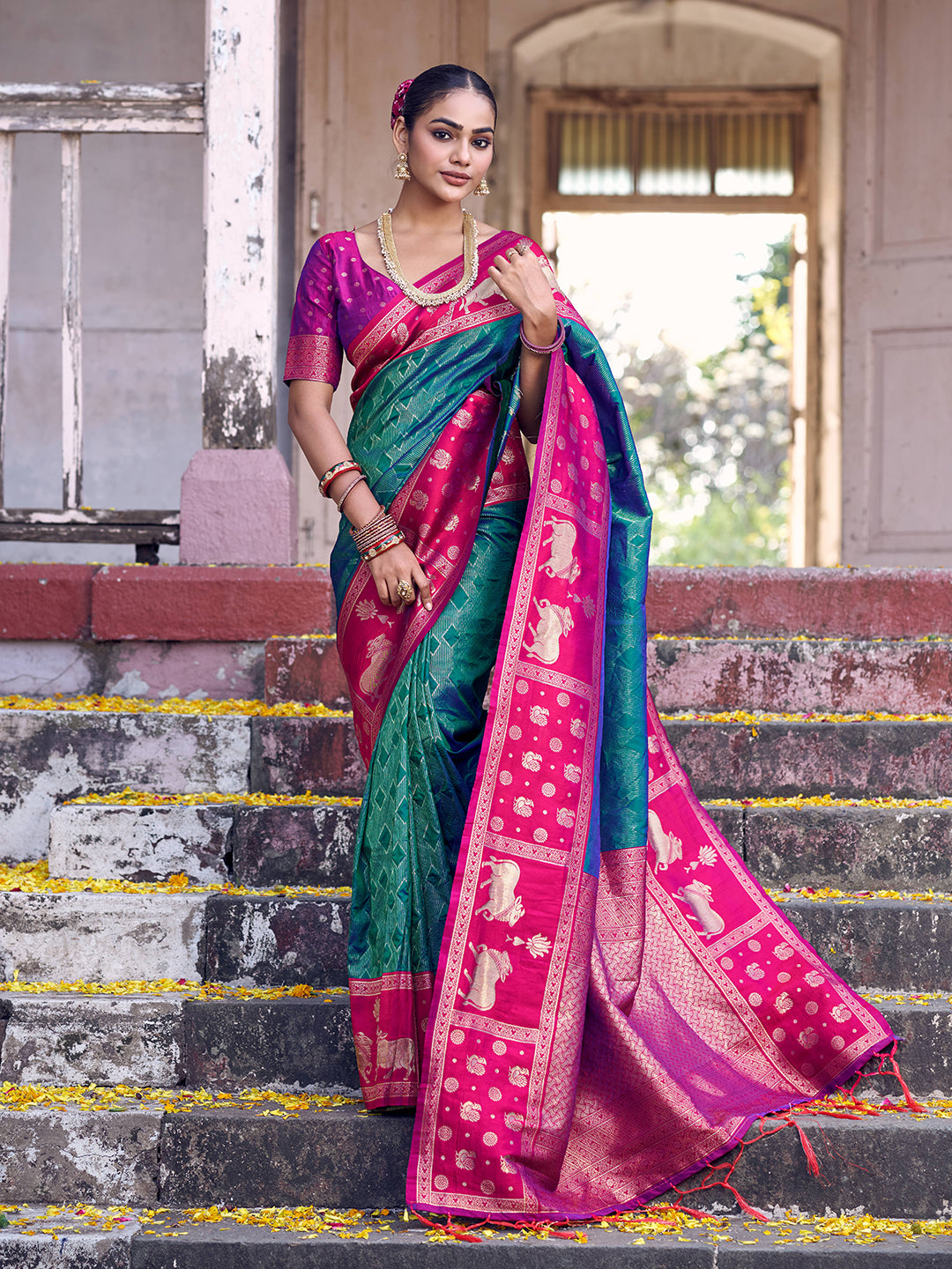 Anaita Rama Soft Silk Woven Saree With Blouse - Dista