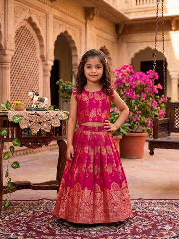 Evanik Ranipink Banarasi Silk Kids Lehenga Choli Set with Zari Jacquard Work for Girls - Dista