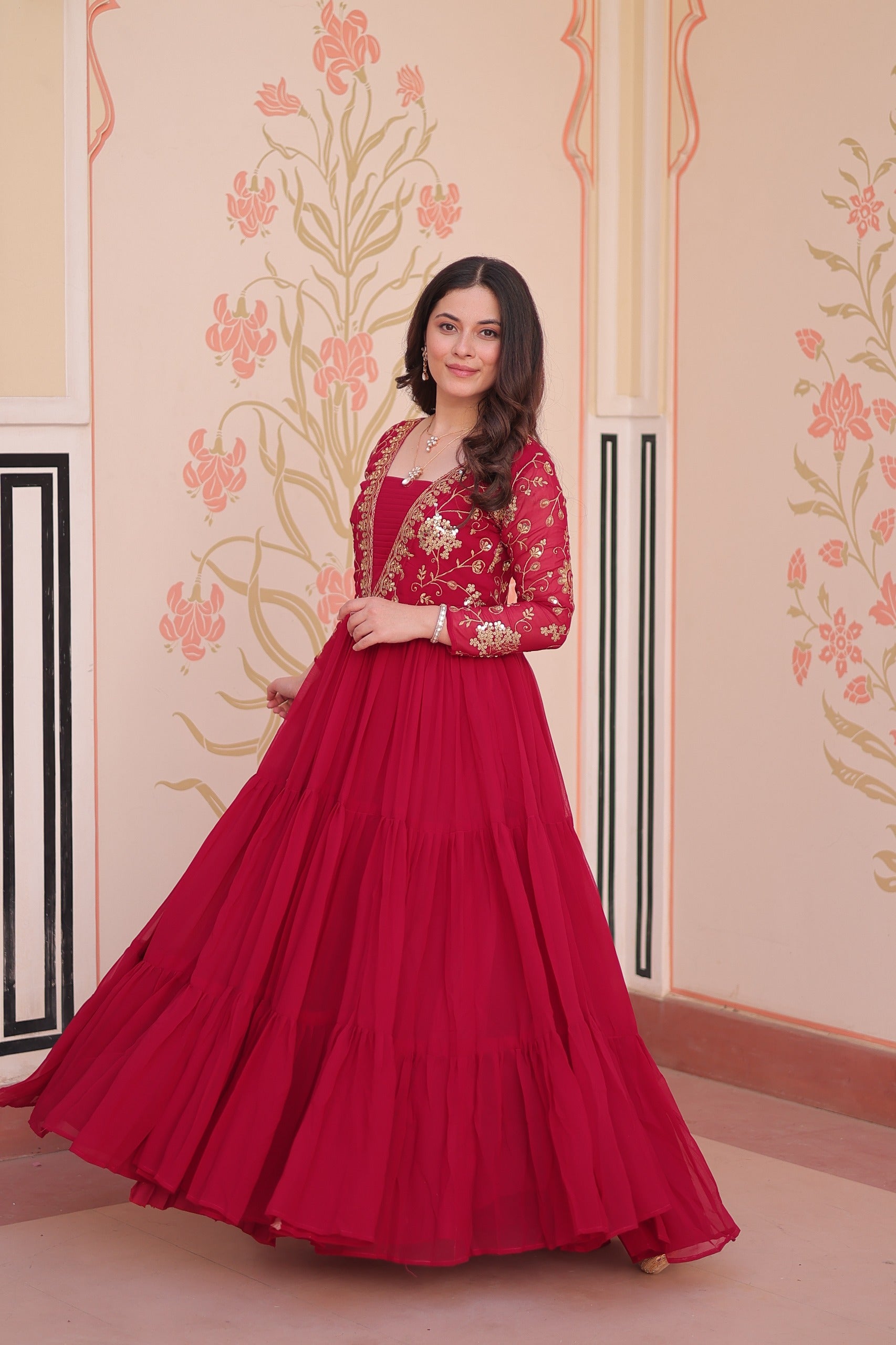 Evanik Rani Pink Faux Blooming With Sequins & Zari Embroidered work Gown