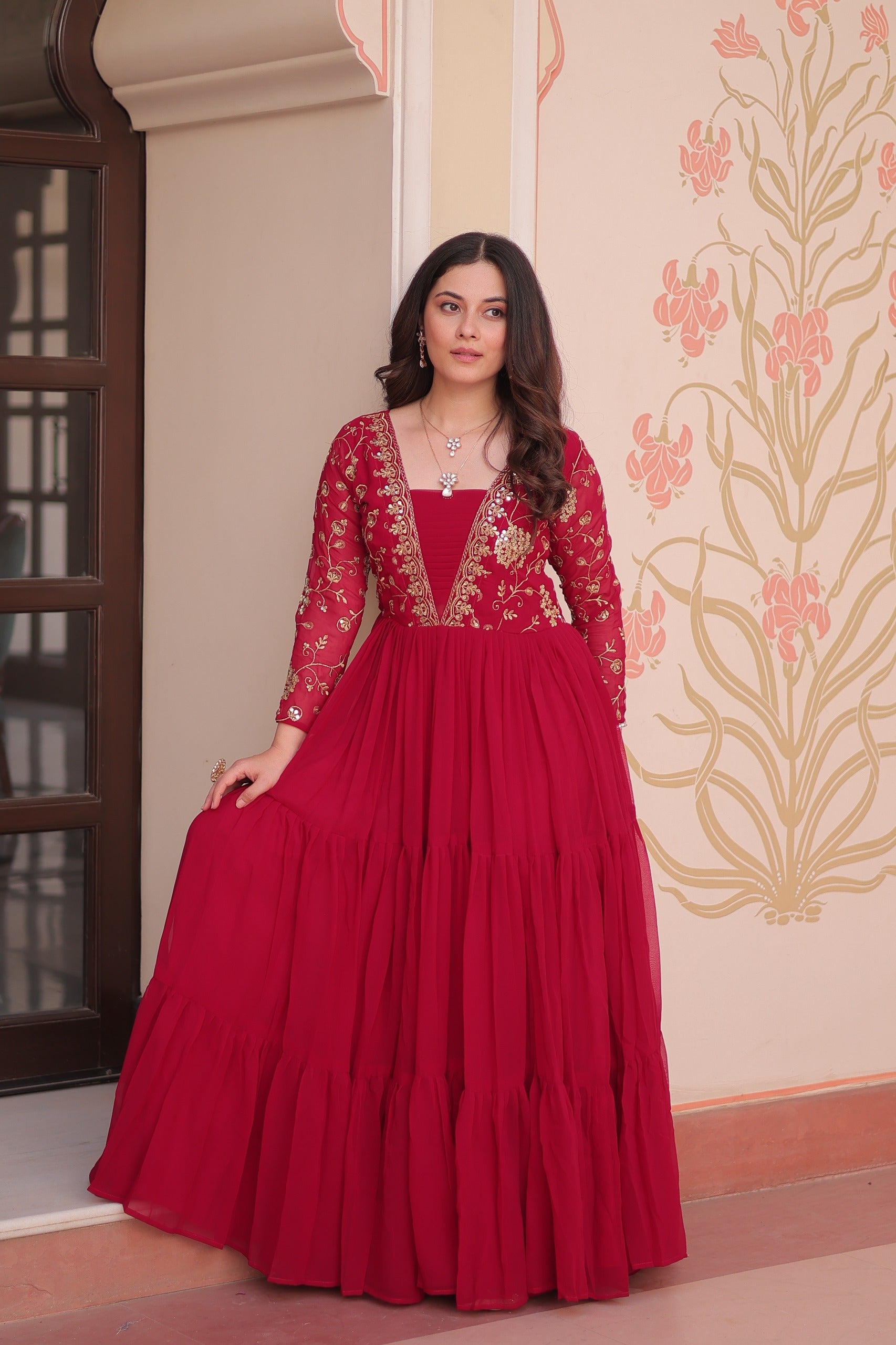 Evanik Rani Pink Faux Blooming With Sequins & Zari Embroidered work Gown