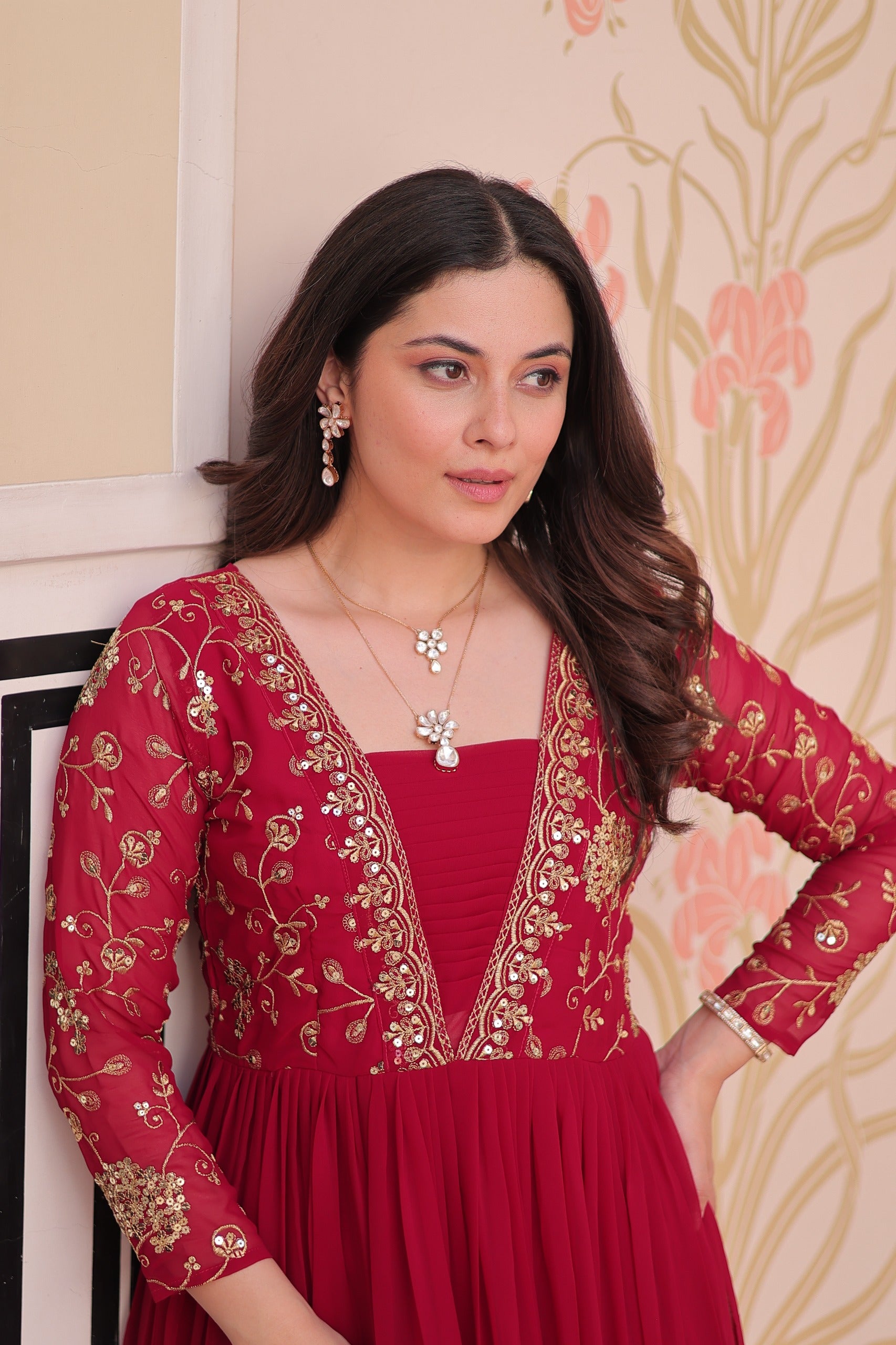 Evanik Rani Pink Faux Blooming With Sequins & Zari Embroidered work Gown