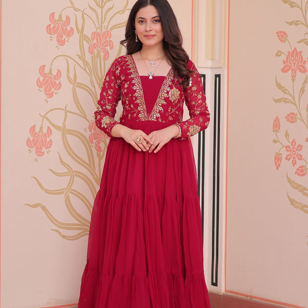 Evanik Rani Pink Faux Blooming With Sequins & Zari Embroidered work Gown