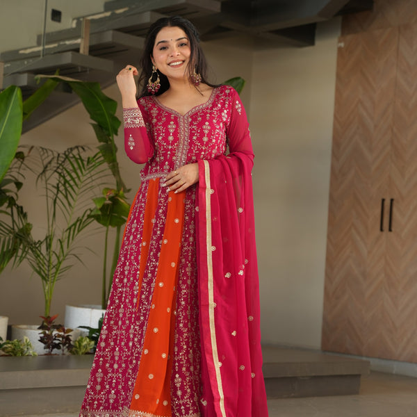 Evanik Rani Pink Faux Georgette With Zari & Sequins Embroidered work Wedding Gown