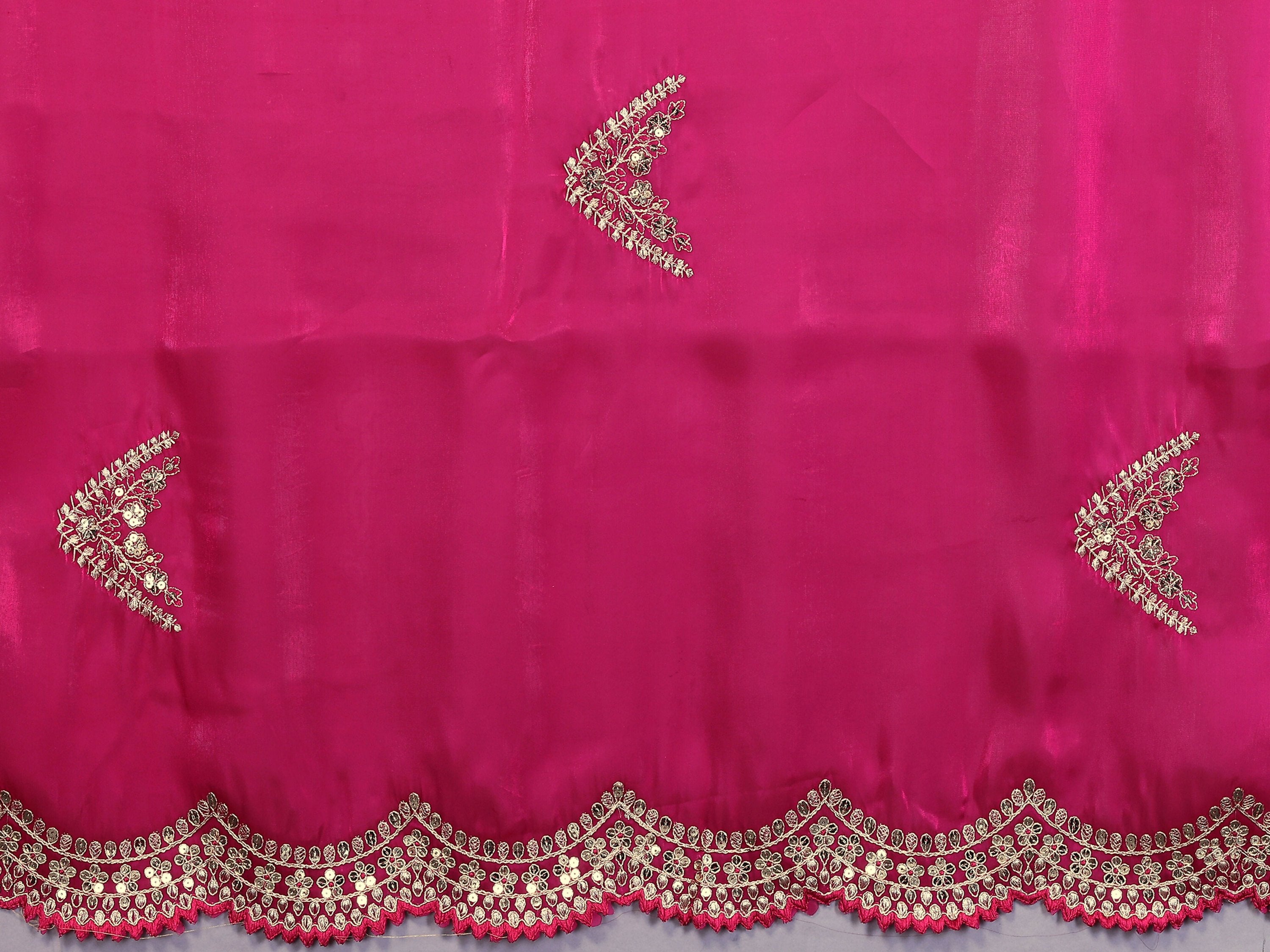 Vastranavya Pink Embroidery Work Shimmer Chiffon Saree with Unstitched Blouse
