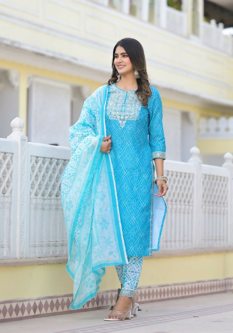 Partywear Designer sky blue cotton Stitched Suit With Dupatta - Tanisha - Distacart