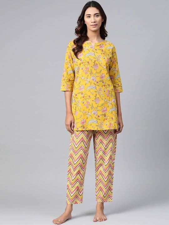Anubhutee Mustard Yellow & Pink Pure Cotton Printed Night suit - Distacart