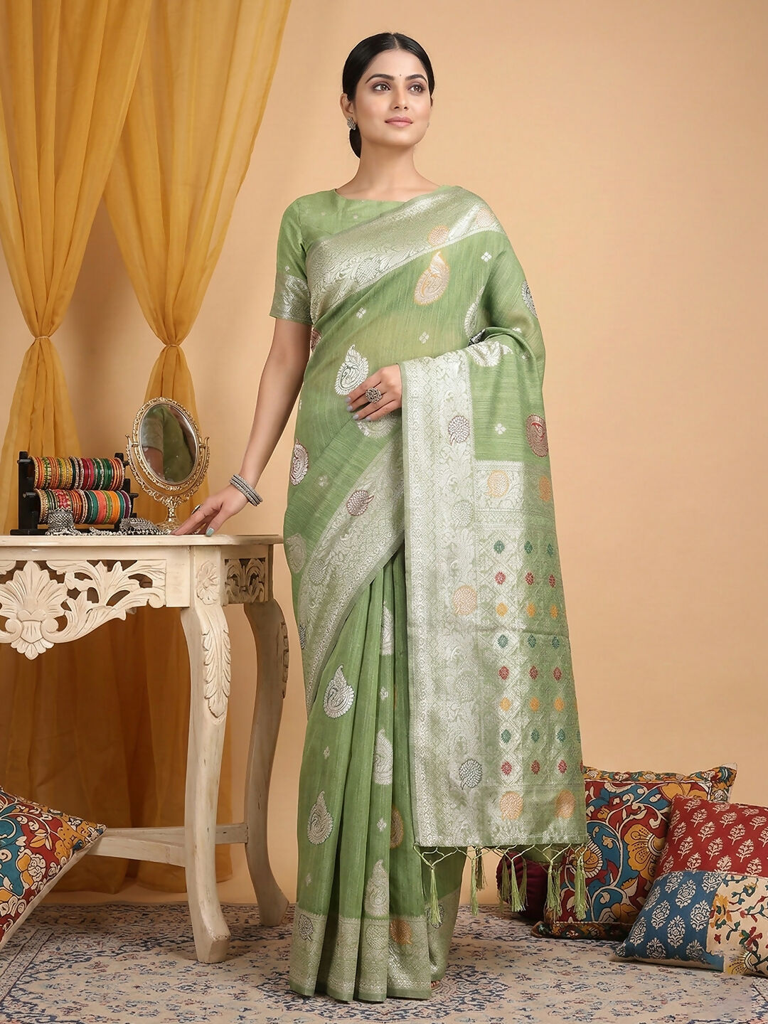Shree Shyam Fashion Light Green Linen Cotton Saree - Distacart