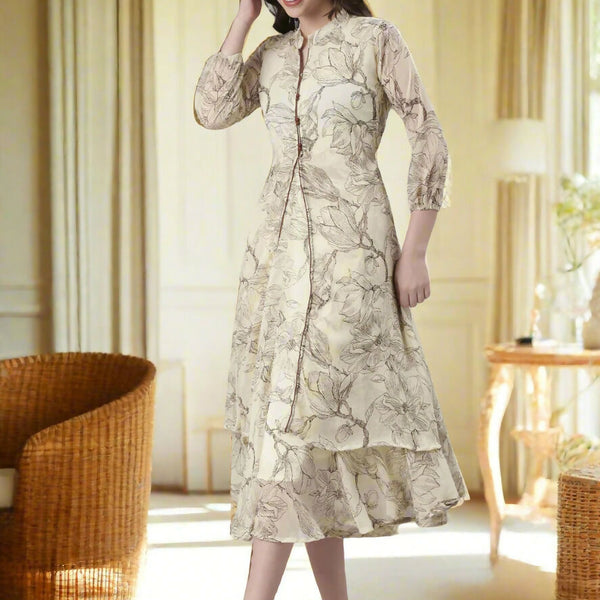 Souchii Floral Tiered Midi Dress For Women – Elegant Beige Button-Front A-Line