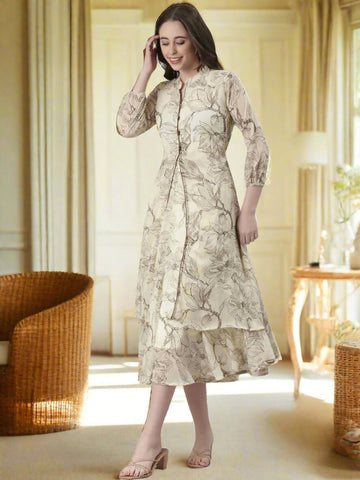 Souchii Floral Tiered Midi Dress For Women – Elegant Beige Button-Front A-Line - Dista