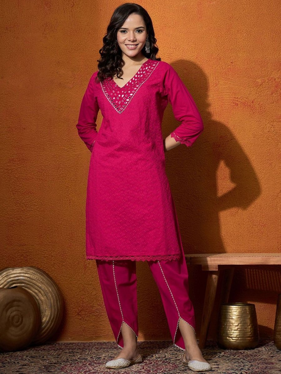 Anouk Pink Floral Embroidered V-Neck Mirror Work Pure Cotton Straight Kurta & Dhoti Pant - Distacart