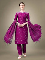 Thumbnail for Aastha Fashion Women's Purple Cotton Blend Embroidery & Sequence Work Kurta with Trouser & Dupatta - Distacart