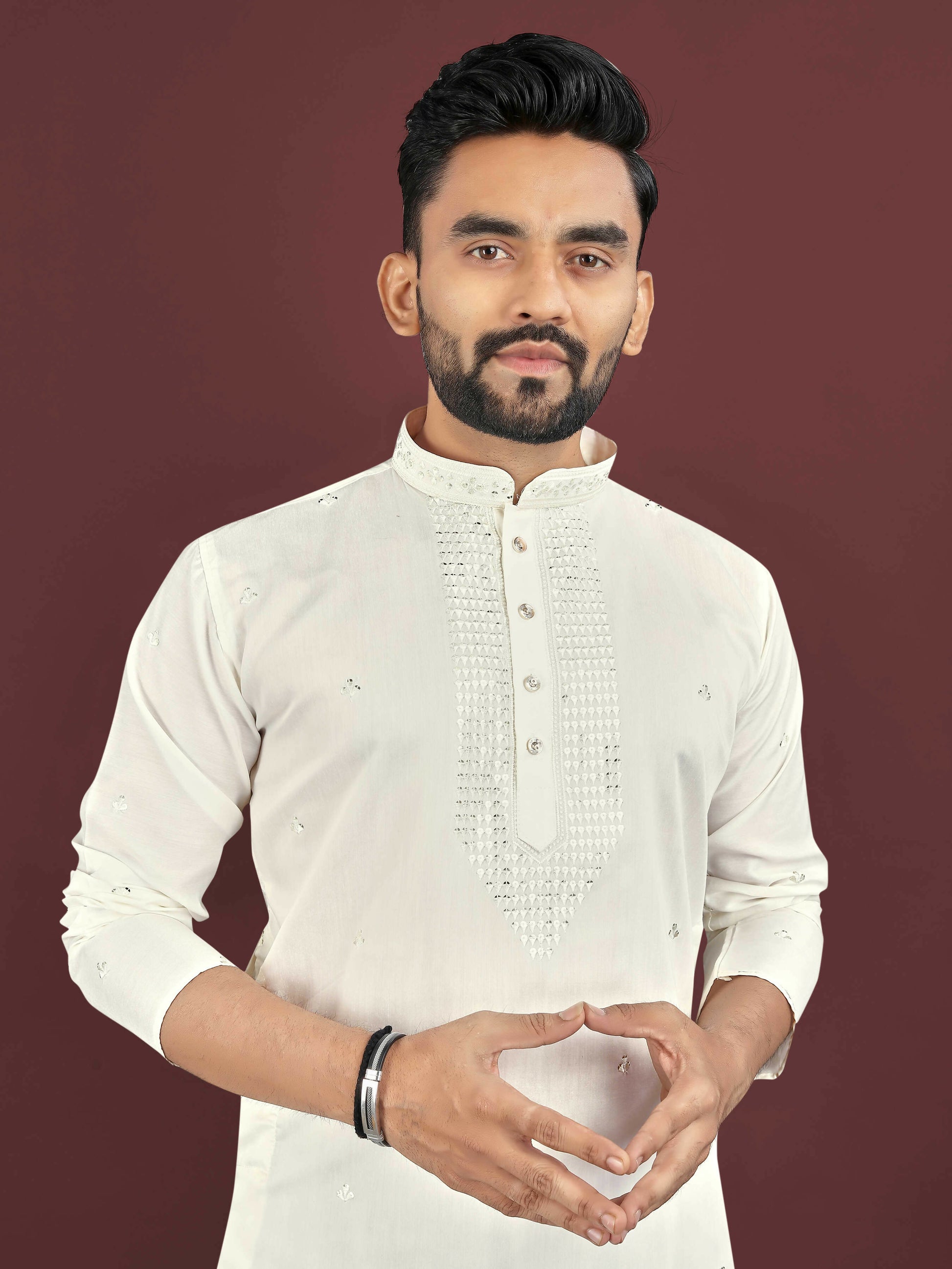 Anaita Beige Embroidered Silk Straight Kurta - Distacart