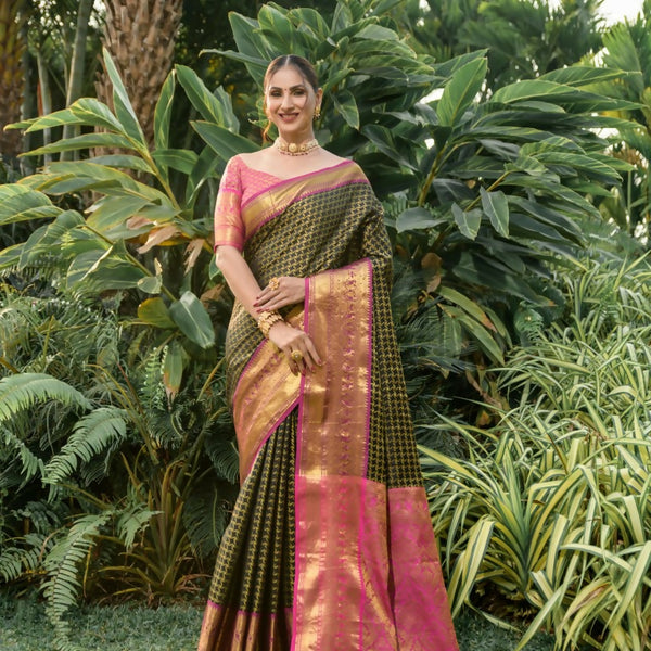 Jyoti Fashion Women's Black Kanjivaram Silk Zari Woven Saree with Blouse - Distacart