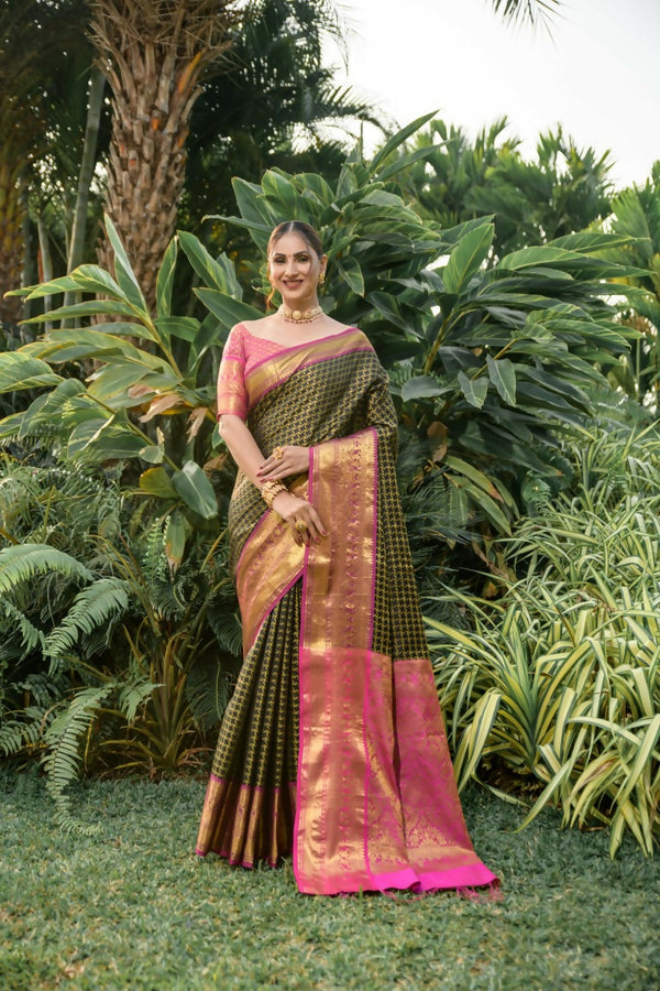Jyoti Fashion Women's Black Kanjivaram Silk Zari Woven Saree with Blouse - Distacart