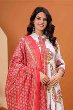 Thumbnail for Jaimini Women Cotton Printed Mandarin Collar Neck Calf Length Flared Kurta Pant And Dupatta Set - Dista
