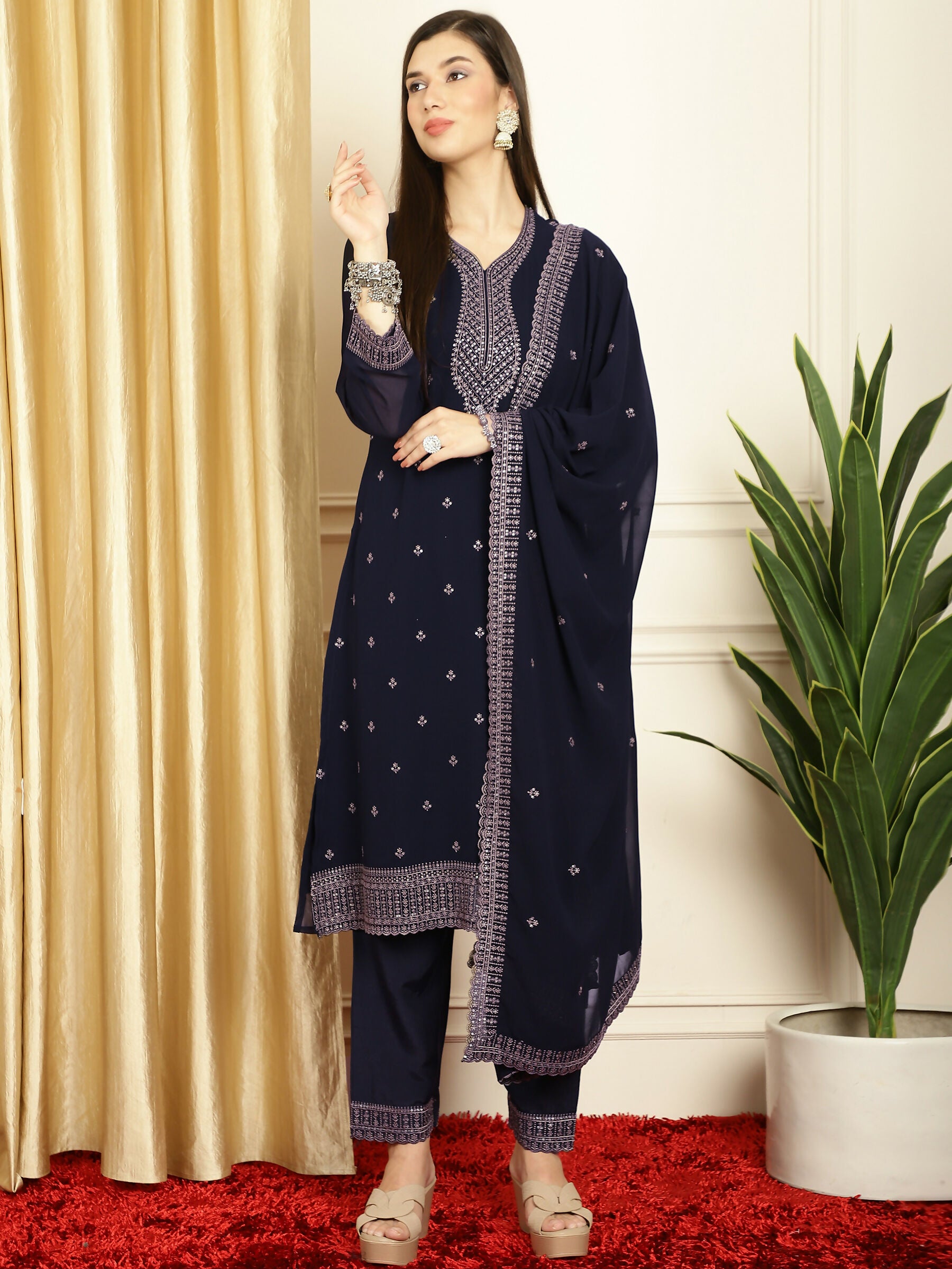 Jyoti Fashion Women's Navy Blue Georgette Resham Thread & Sequin Kurta with Trouser & Dupatta - Distacart