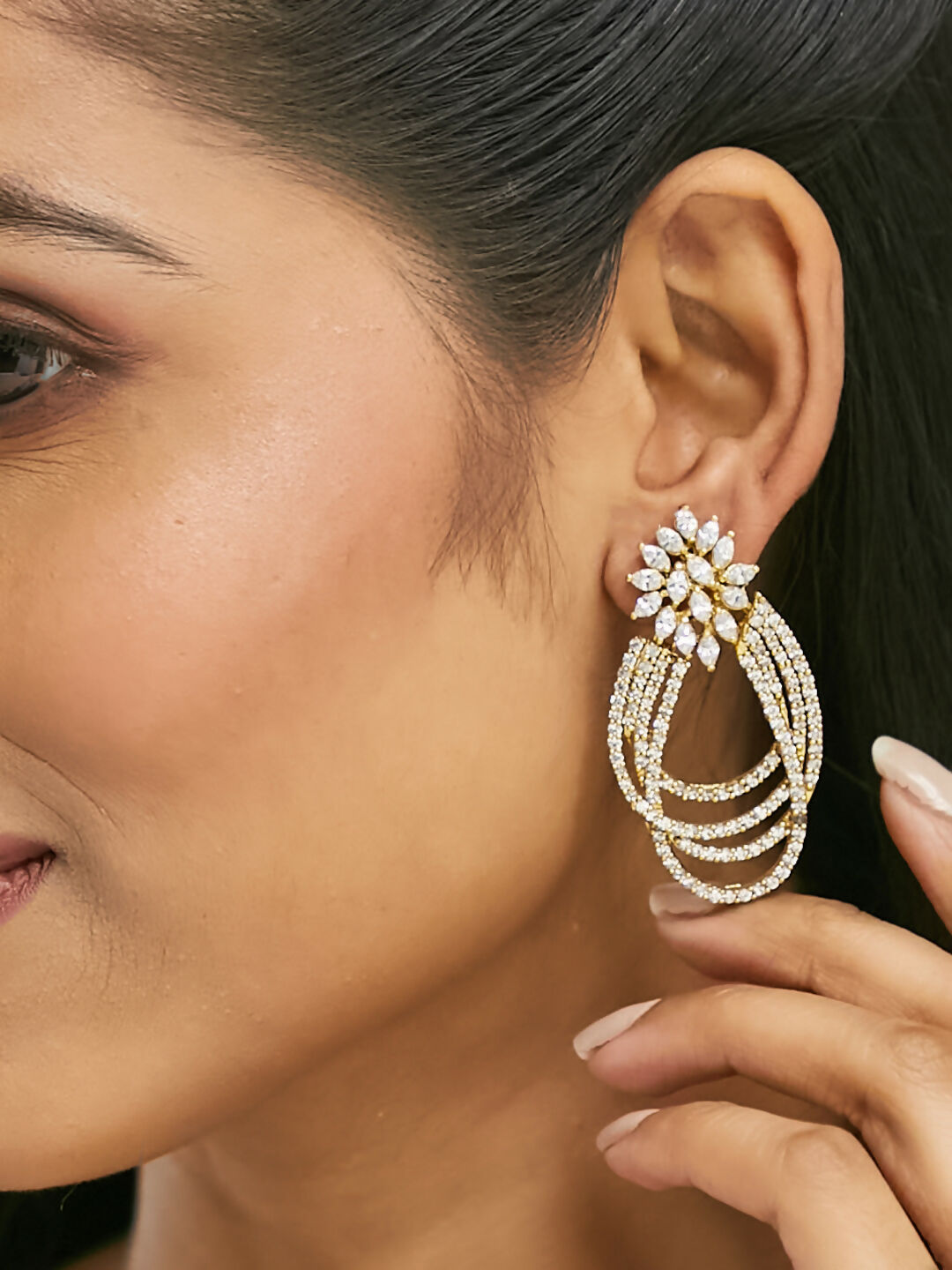 Nuyug 22K Gold-Plated Floral Motif Zircon Stone Studded Teardrop Shaped Elegant Drop Dangler Earrings