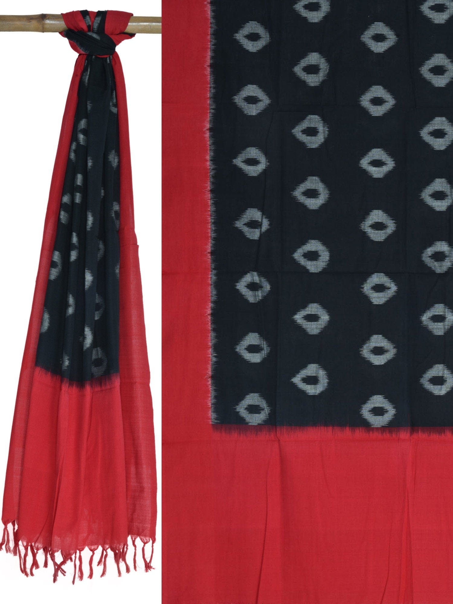 Red and Black Pochampally Ikat Cotton Handloom Dupatta with Buta Design - Global Threads - Distacart