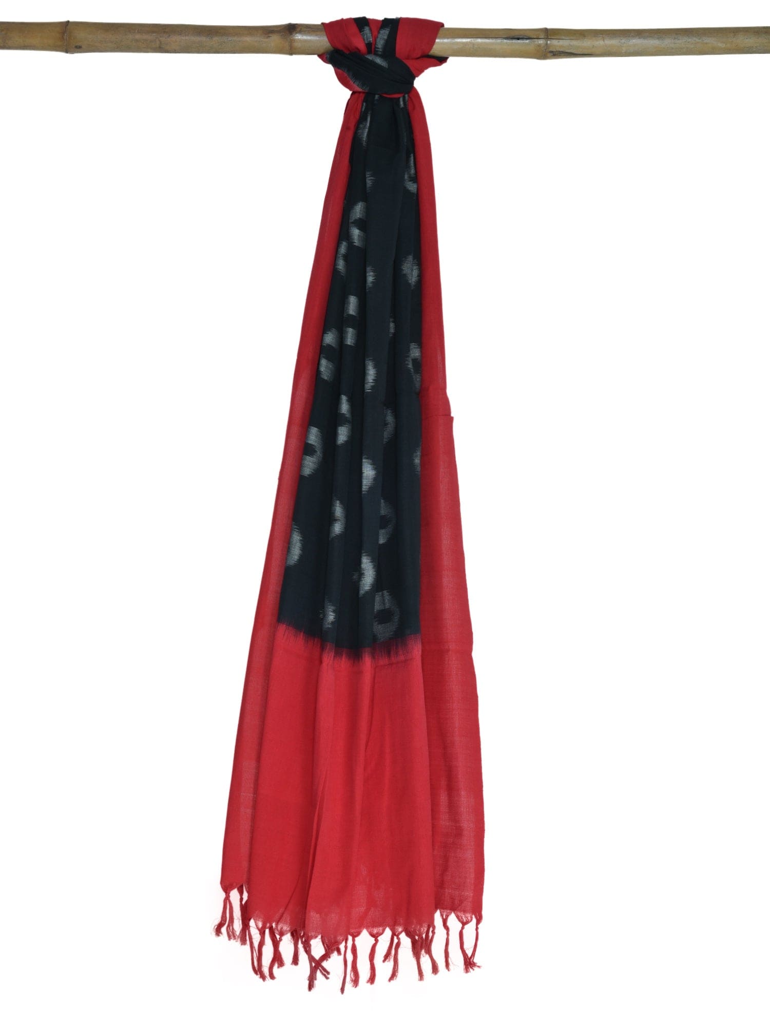 Red and Black Pochampally Ikat Cotton Handloom Dupatta with Buta Design - Global Threads - Distacart