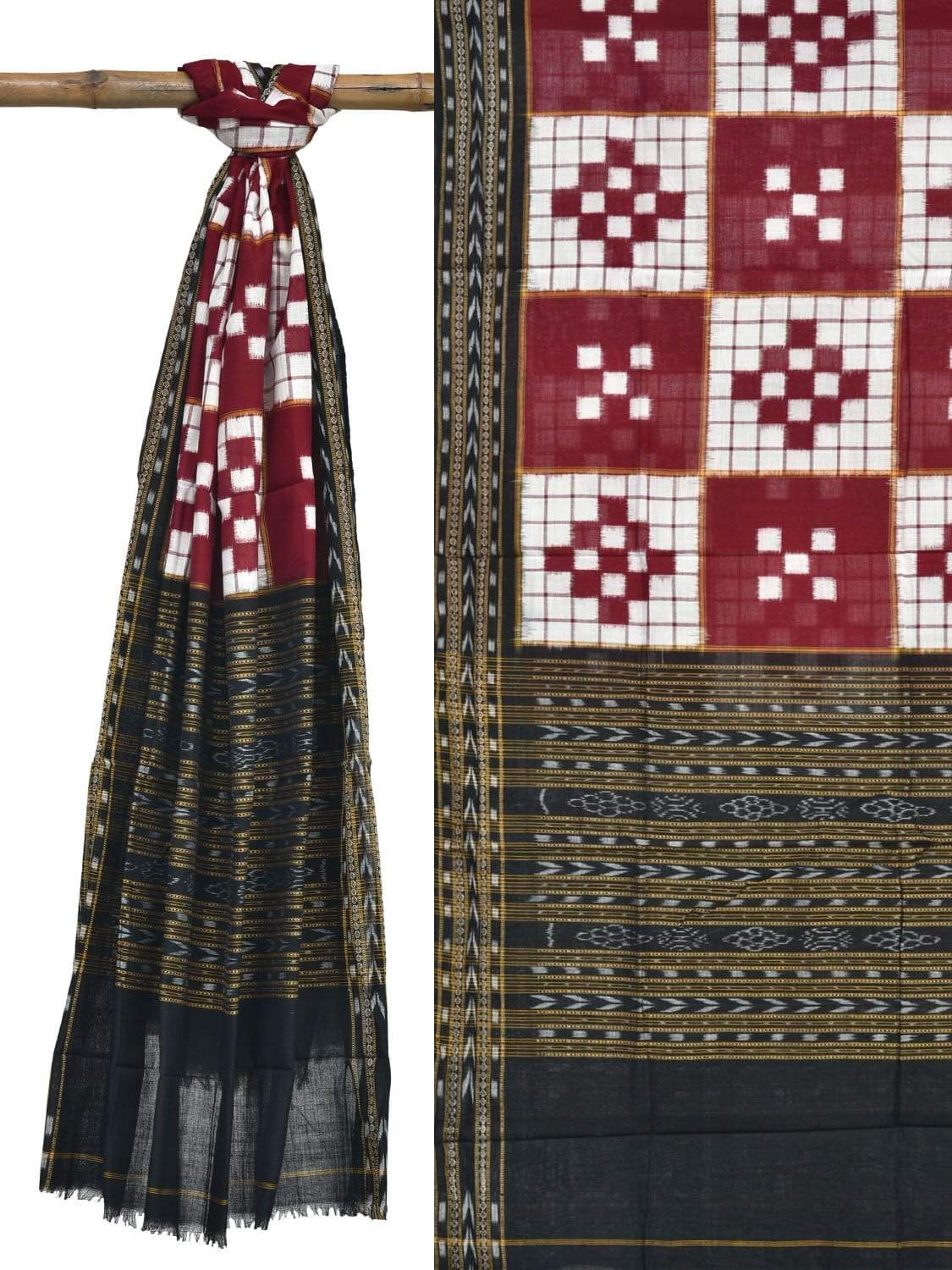 Red and Black Pochampally Ikat Cotton Handloom Dupatta with Checks Design - Global Threads - Distacart