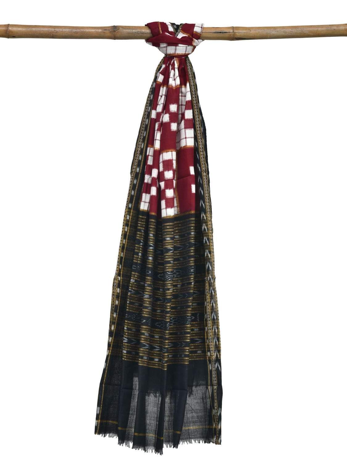 Red and Black Pochampally Ikat Cotton Handloom Dupatta with Checks Design - Global Threads - Distacart