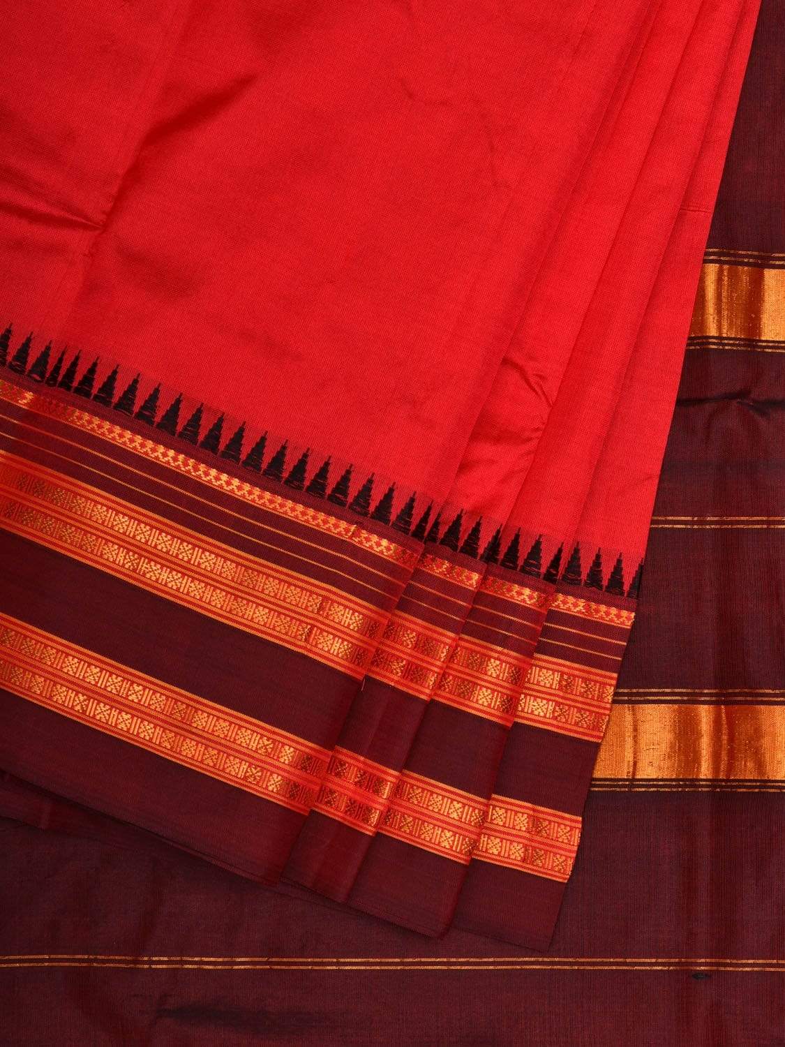Red and Brown Narayanpet Silk Plain Saree with Traditional Border Design No Blouse - Global Threads - Distacart