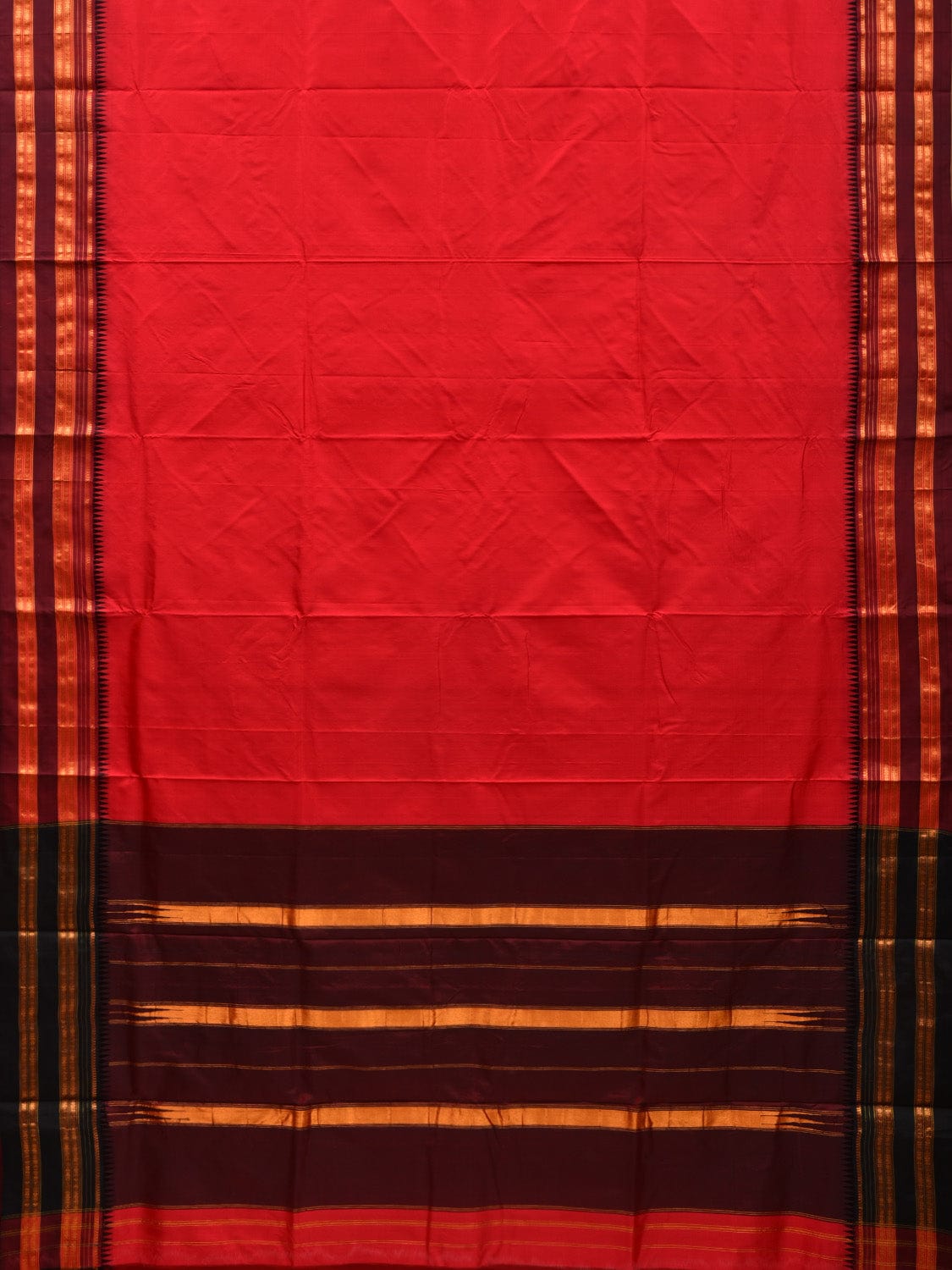 Red and Brown Narayanpet Silk Plain Saree with Traditional Border Design No Blouse - Global Threads - Distacart