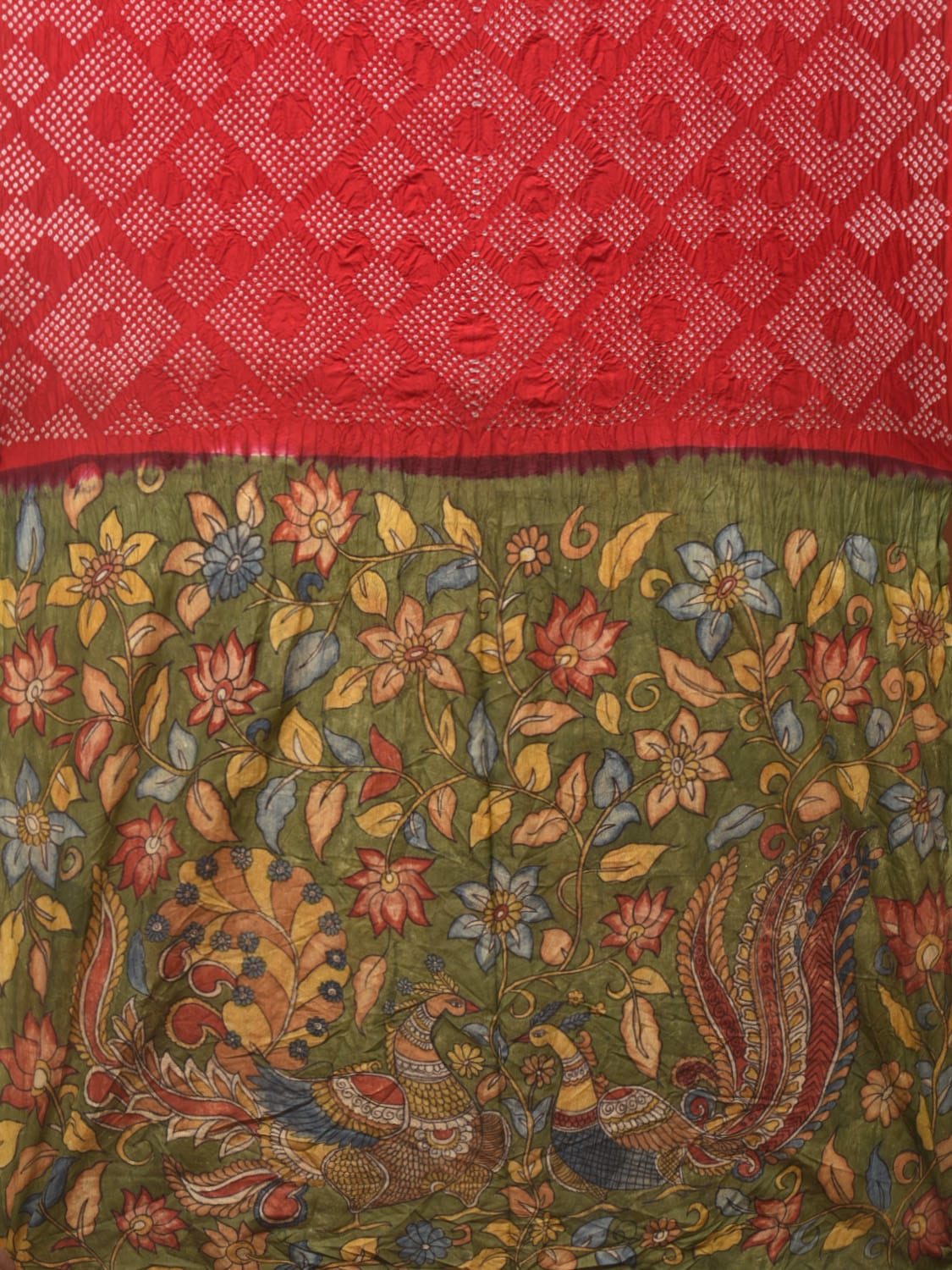 Red and Green Badhani Silk Handloom Saree with Geometrical Body and Kalamkari Pallu and Blouse Design - Global Threads - Distacart