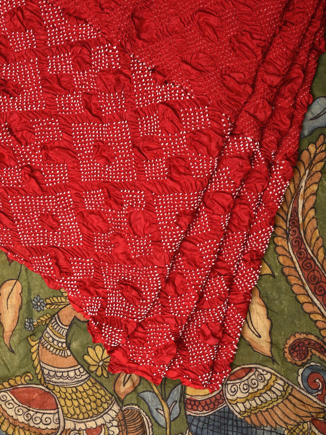 Red and Green Badhani Silk Handloom Saree with Geometrical Body and Kalamkari Pallu and Blouse Design - Global Threads - Distacart