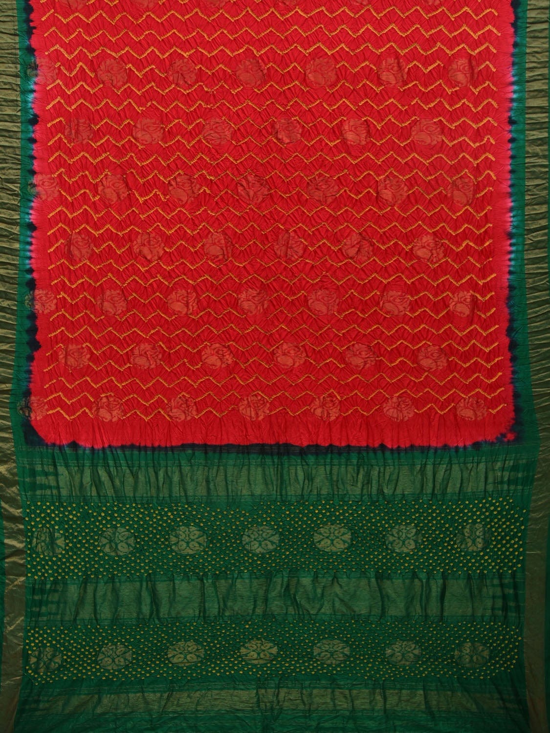 Red and Green Bandhani Uppada Silk Handloom Saree with Nilambari Buta Design - Global Threads - Distacart