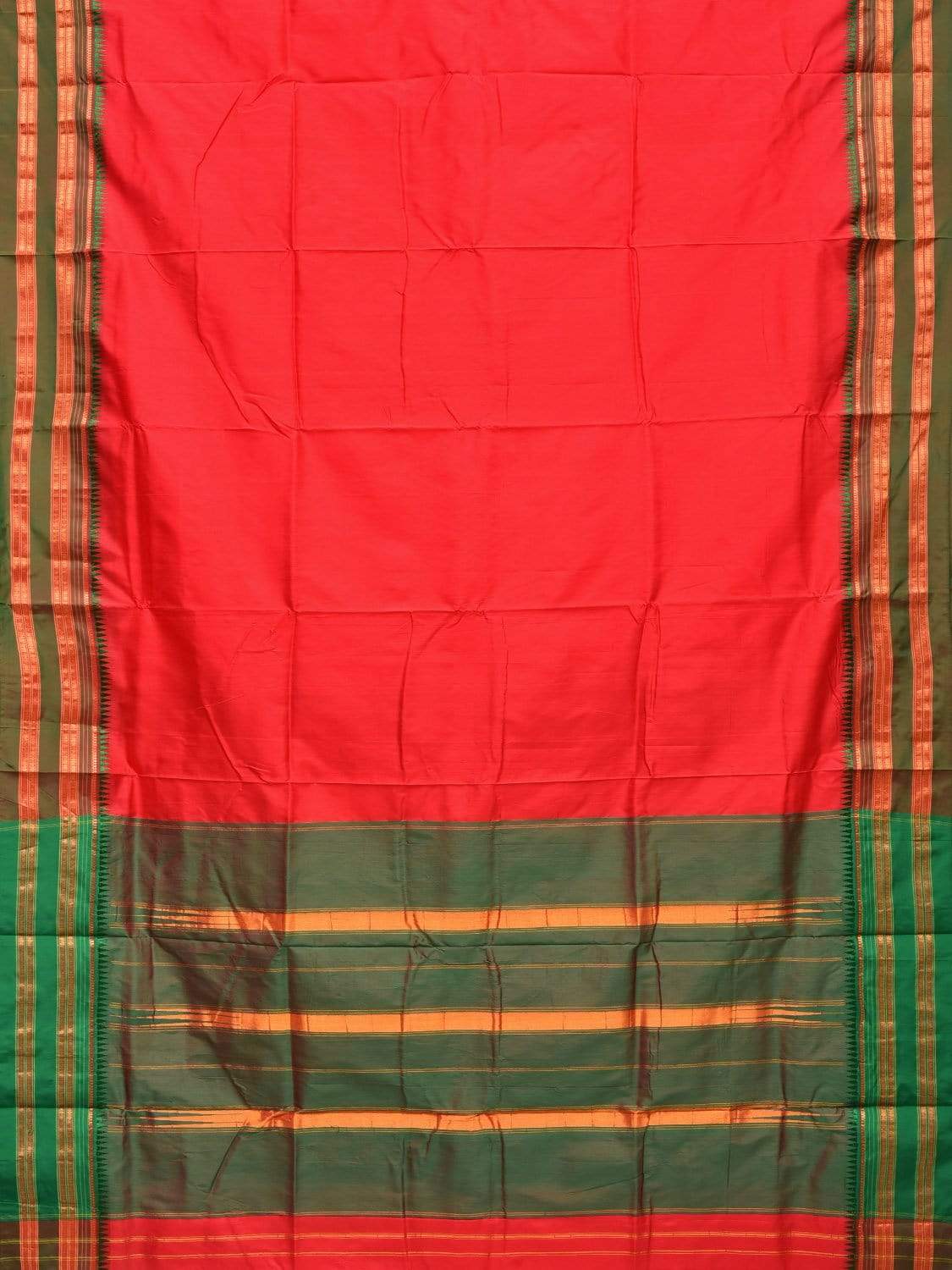 Red and Green Narayanpet Silk Handloom Plain Saree with Traditional Border Design No Blouse - Global Threads - Distacart