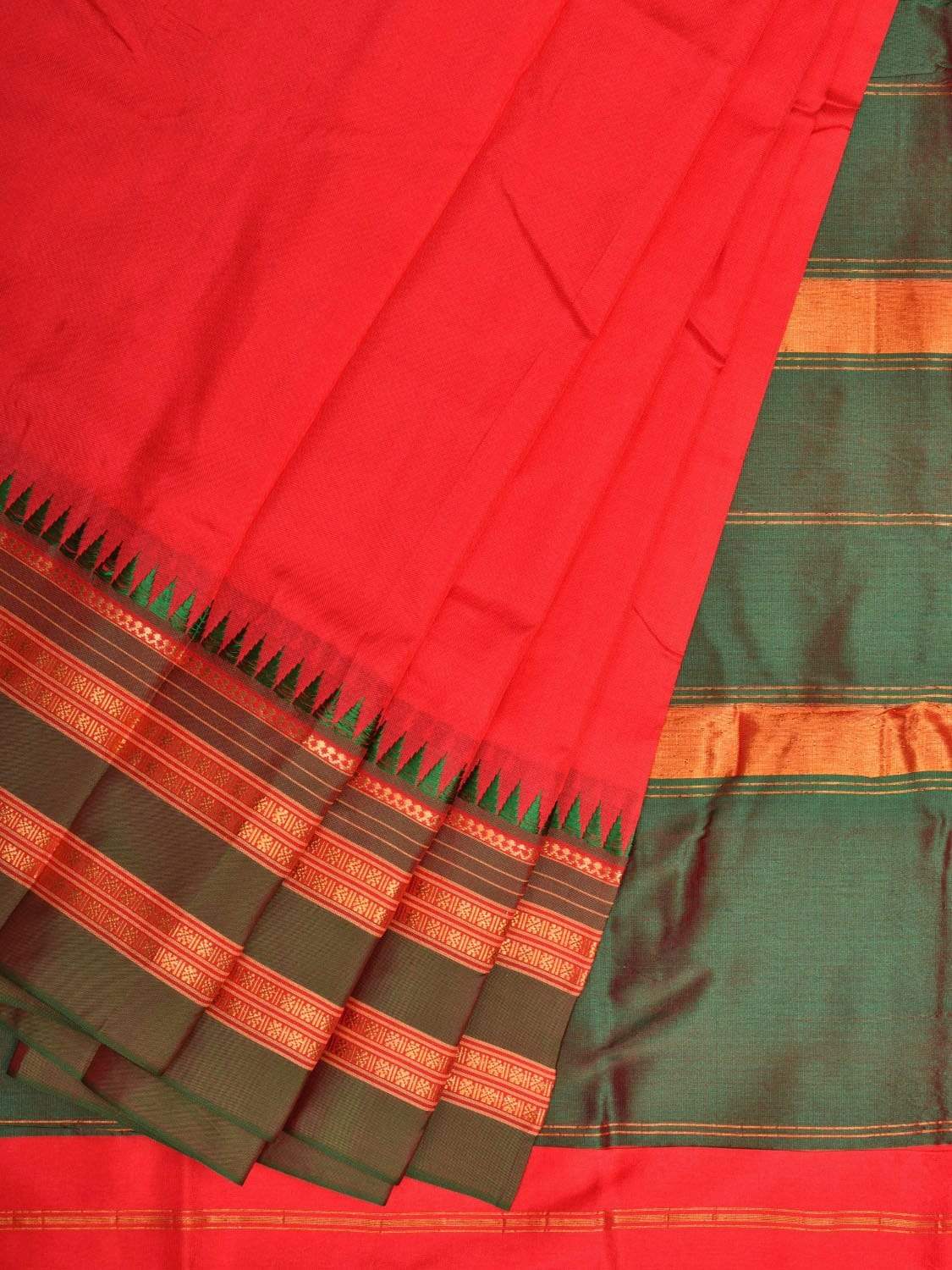 Red and Green Narayanpet Silk Handloom Plain Saree with Traditional Border Design No Blouse - Global Threads - Distacart