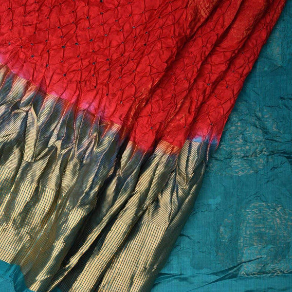 Red and Teal Bandhani Kanchipuram Silk Handloom Saree with Big Buta Design - Global Threads - Distacart