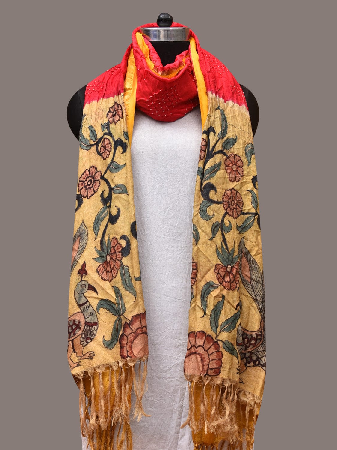 Red and Yellow Bandhani Kanchipuram Silk Handloom Dupatta with Kalamkari Design - Global Threads - Distacart