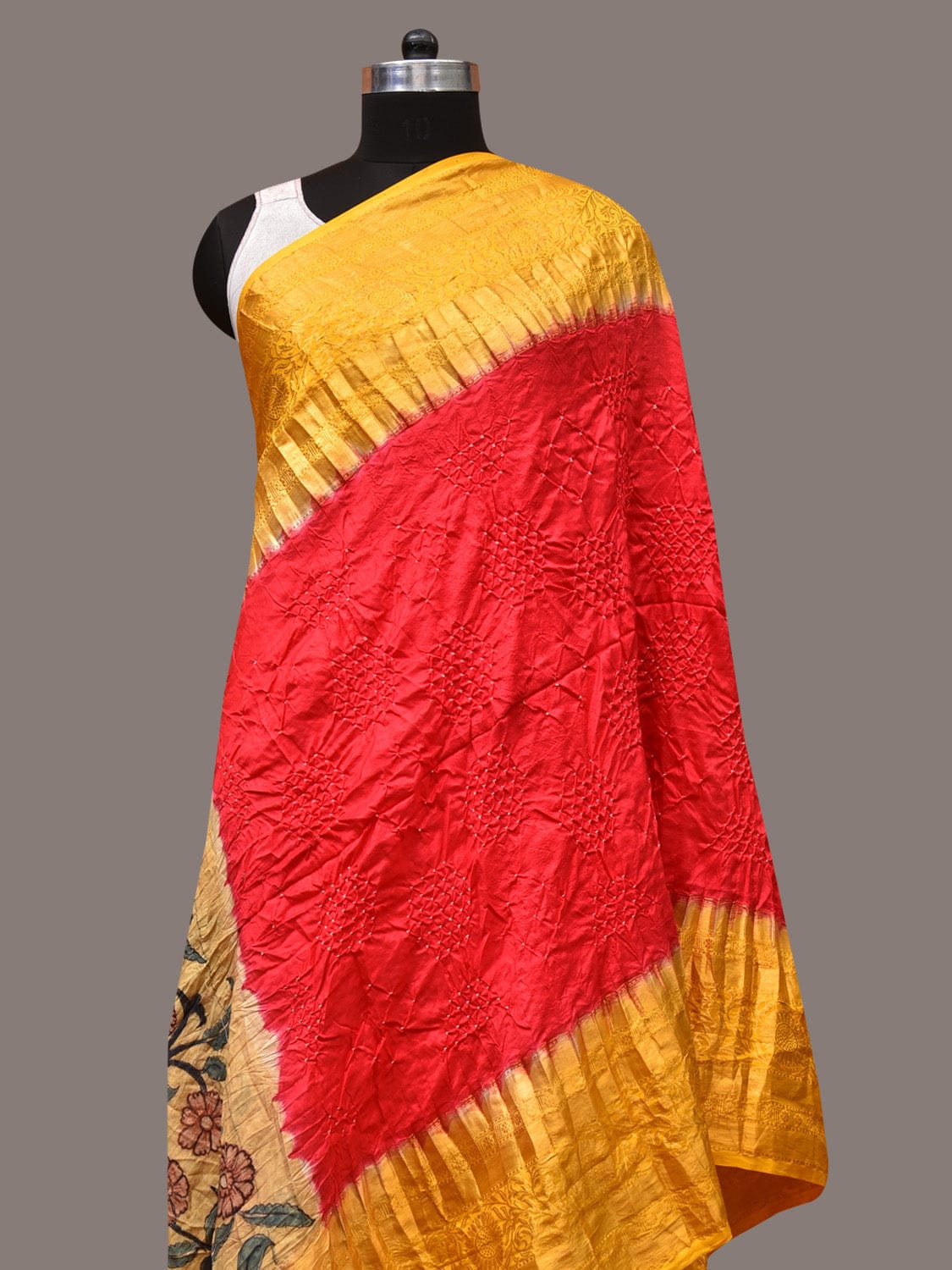Red and Yellow Bandhani Kanchipuram Silk Handloom Dupatta with Kalamkari Design - Global Threads - Distacart
