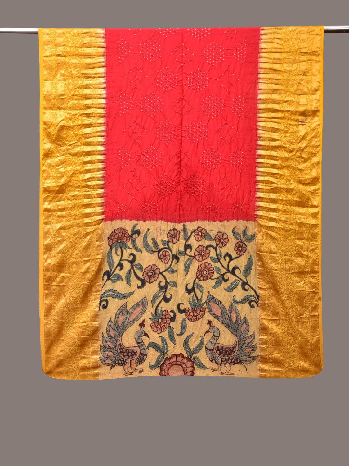 Red and Yellow Bandhani Kanchipuram Silk Handloom Dupatta with Kalamkari Design - Global Threads - Distacart