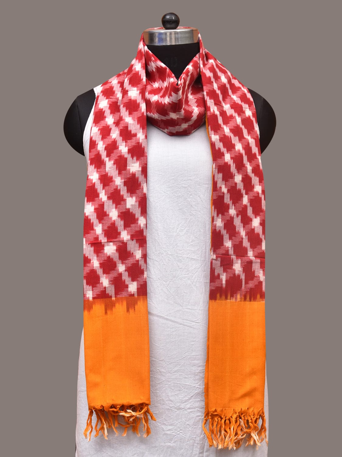Red and Yellow Pochamaplly Ikat Cotton Handloom Dupatta with Grill Design - Global Threads - Distacart
