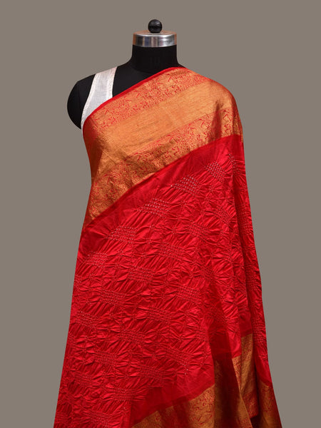 Red Bandhani Kanchipuram Silk Handloom Dupatta with Border Design - Global Threads - Distacart