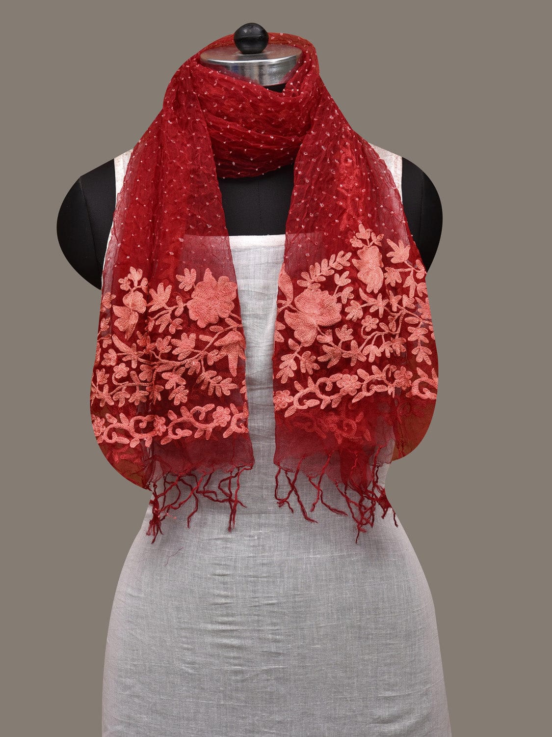 Red Bandhani Organza Stole with Embroidary Work Design - Global Threads - Distacart